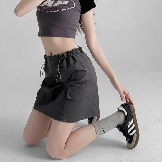 Vintage Drawstring A-line Casual High Waist Mini Skirt