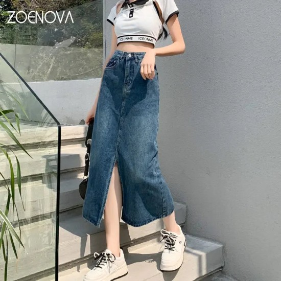 High Waist Casual Contrasting Color Back Pocket A-line Denim Skirt