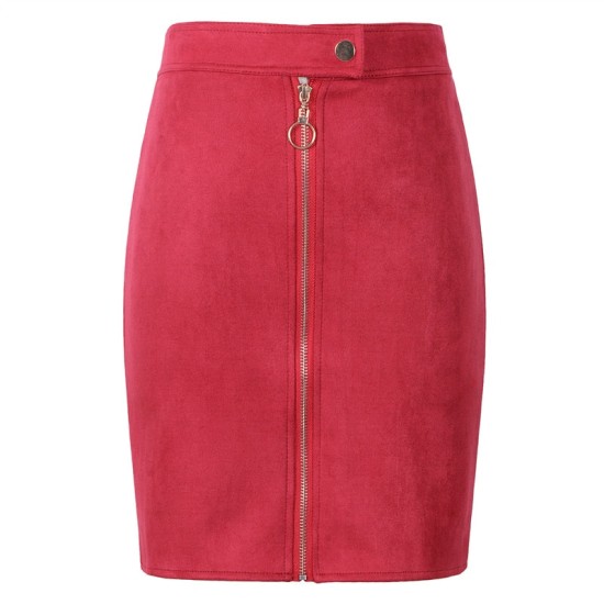 Vintage Style  Front Zipper Button Suede Mini Pencil Skirt
