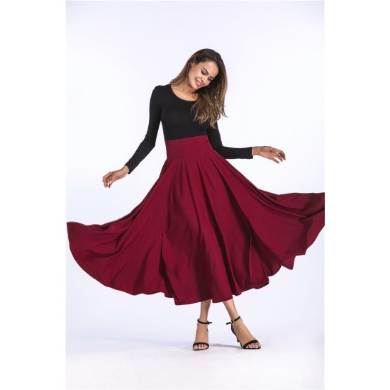 Vintage Pleated Flared Pockets Lace Up Bow Plus Size Slit Long Maxi Skirt Vintage Pleated Flared Pockets Lace Up Bow Plus Size Slit Long Maxi Skirt
