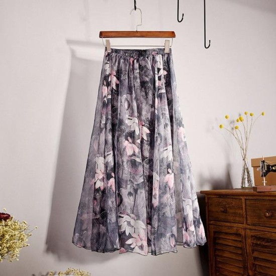 Fashion Florals Print  Boho Style Elastic High Waist Chiffon Skirt