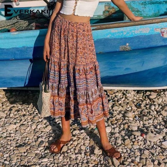 Vintage Boho Floral Print Elastic Sashes Gypsy Skirt