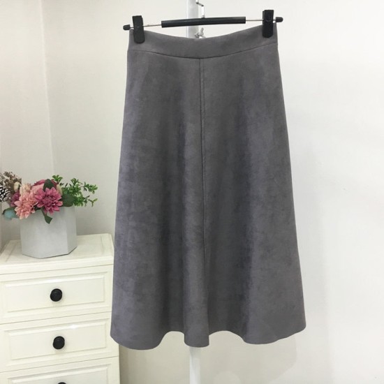 Suede High Waist Midi Skirt Vintage Style Elastic Ladies A-Line Skirt