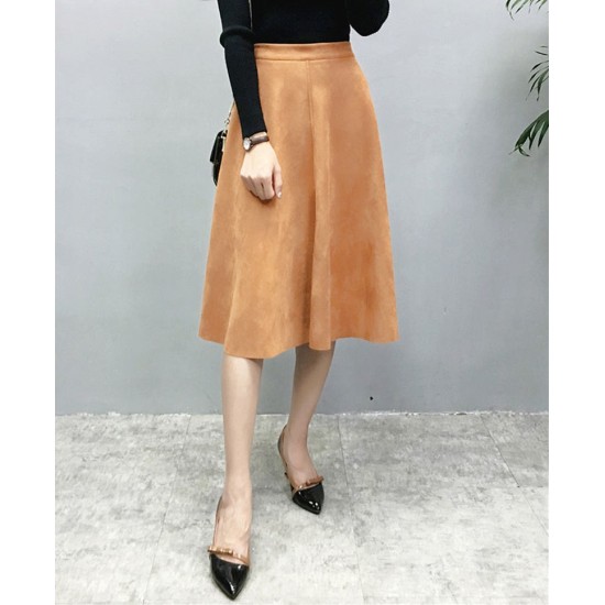 Suede High Waist Midi Skirt Vintage Style Elastic Ladies A-Line Skirt