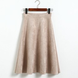 Suede High Waist Midi Skirt Vintage Style Elastic Ladies A-Line Skirt