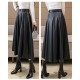 PU Leather mi-long Women's Skirts with Belted High Waist  A-line