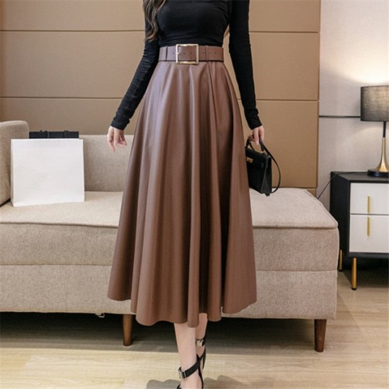 PU Leather mi-long Women's Skirts with Belted High Waist  A-line