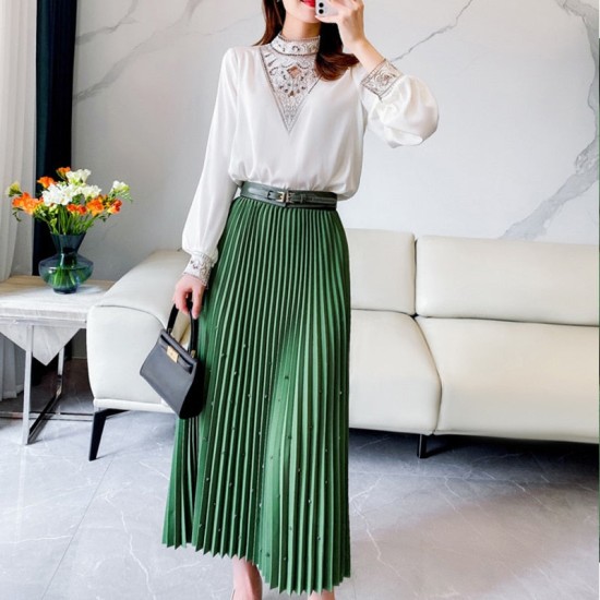 Fashion Diamond Beaded Satin Midi Long Pleated Skirt Women Style High Waist