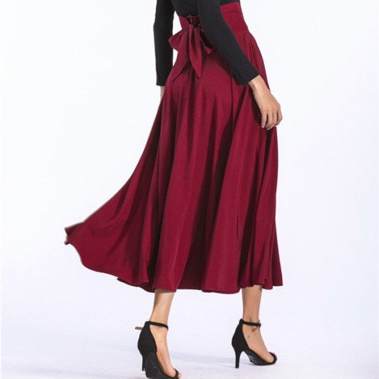 Vintage Pleated Flared Pockets Lace Up Bow Plus Size Slit Long Maxi Skirt Vintage Pleated Flared Pockets Lace Up Bow Plus Size Slit Long Maxi Skirt