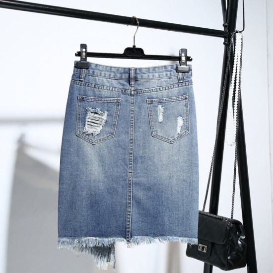 Light Blue Hole Ripped Button Tassel Jeans Skirt Light Blue Hole Ripped Button Tassel Jeans Skirt