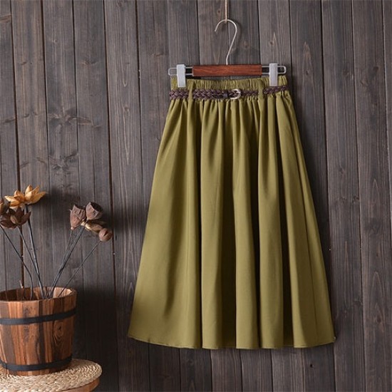 Midi Knee Length Pleated A-line School Skirt With Belt Midi Knee Length Pleated A-line School Skirt With Belt