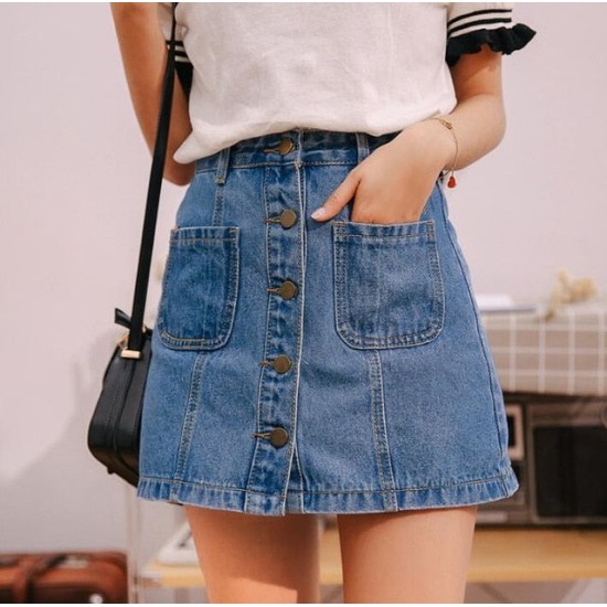 High Waist A-line Single Button Pockets Blue Jean Skirt